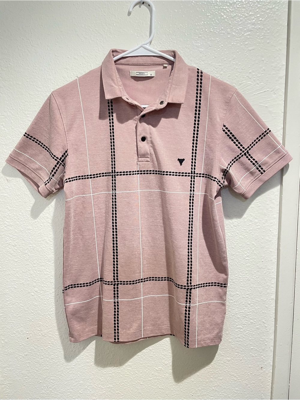 Profy Men's Medium Mauve Pink Grid Pattern Short Sleeve Golf Polo Shirt